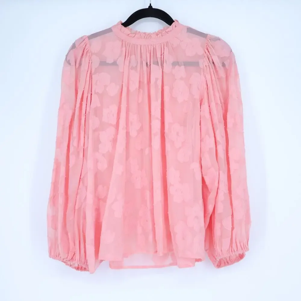ULLA JOHNSON Sandrine Blouse Pink Floral Jacquard Long Sleeve Women's 10